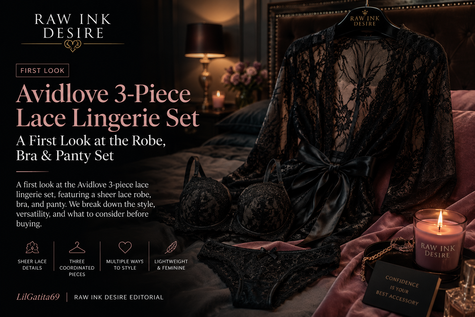 Avidlove Women 3 Piece Lingerie Set — Lace Robe, Bra & Panty